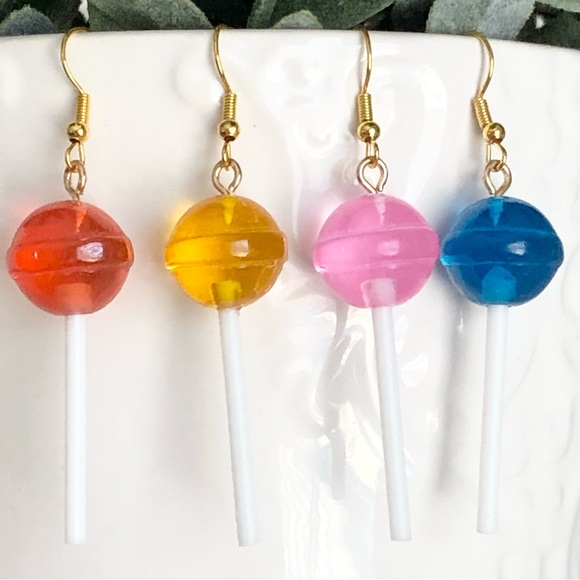 New Resin Lollipop Sucker Dangling Handmade Statement Novelty Earrings Yellow - Picture 5 of 6